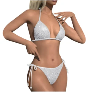 Ladies Lace Up Halter Solid Push Up Strap High Cut Bikini Swimsuit Sets Two Piece Swimwear For Women