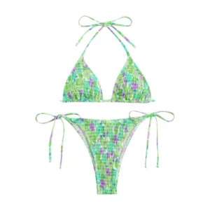 Ladies Lace Up Halter Solid Push Up Strap High Cut Bikini Swimsuit Sets Two Piece Swimwear For Women