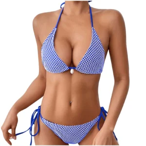 Ladies Lace Up Halter Solid Push Up Strap High Cut Bikini Swimsuit Sets Two Piece Swimwear For Women