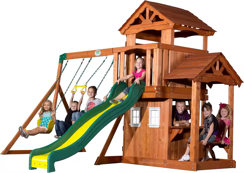 canyon ridge outdoor wooden swing set with slide and play features canyon ridge outdoor wooden swing set with slide and play features