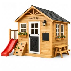 multi feature elevated wooden playhouse